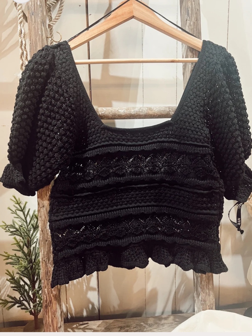 BiBi Square Neckline with Puff Sleeve Crochet Top. XL Plus